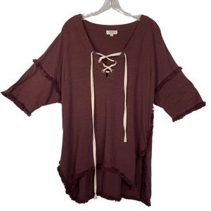Umgee Burgundy Tie Front Taw Edge Top